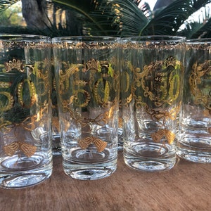 Mid Century Culver Gold 50th Anniversary Tumbler Glasses Set of Eight