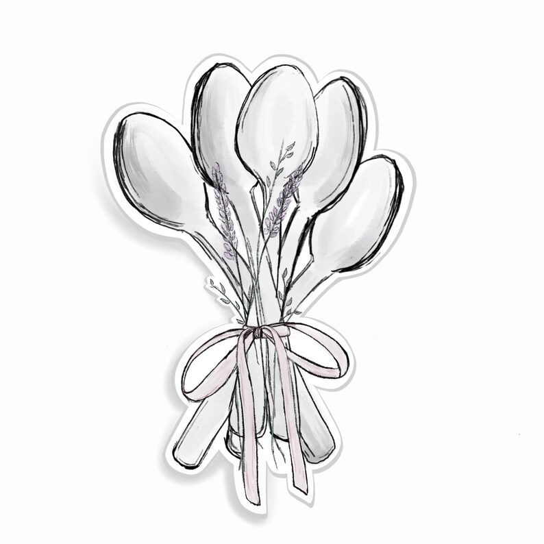 May include: A bouquet of wooden spoons tied together with a pink ribbon and decorated with sprigs of lavender.
