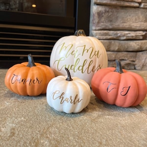 Custom White Pumpkin Decor Hand-Lettered Calligraphy Decorative Pumpkins Gold Black Orange Personalized Fall Thanksgiving Autumn Halloween image 10