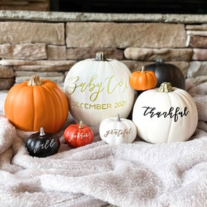 Custom White Pumpkin Decor Hand-Lettered Calligraphy Decorative Pumpkins Gold Black Orange Personalized Fall Thanksgiving Autumn Halloween image 1