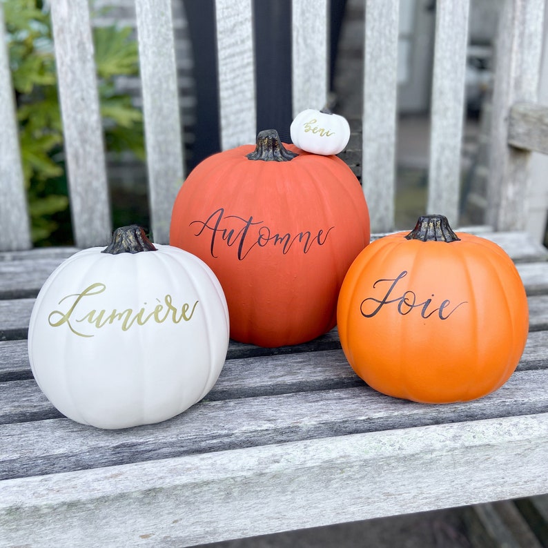 Custom White Pumpkin Decor Hand-Lettered Calligraphy Decorative Pumpkins Gold Black Orange Personalized Fall Thanksgiving Autumn Halloween image 3