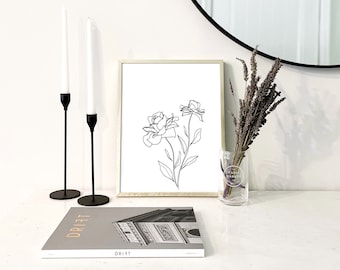 Floral Line Art Wall Decor, Rose Flower Print, Minimal Botanical Bouquet Design