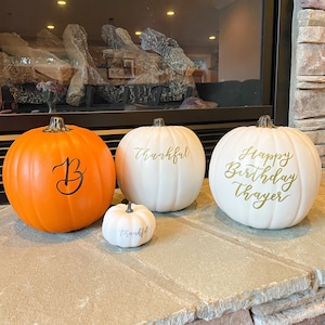 Custom White Pumpkin Decor Hand-Lettered Calligraphy Decorative Pumpkins Gold Black Orange Personalized Fall Thanksgiving Autumn Halloween image 8