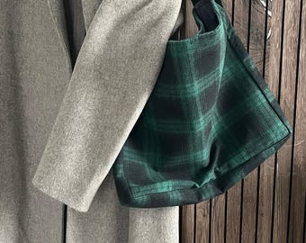 Shoulder Tote Bag – Flannel Tote with Green Grid Tartan Pattern