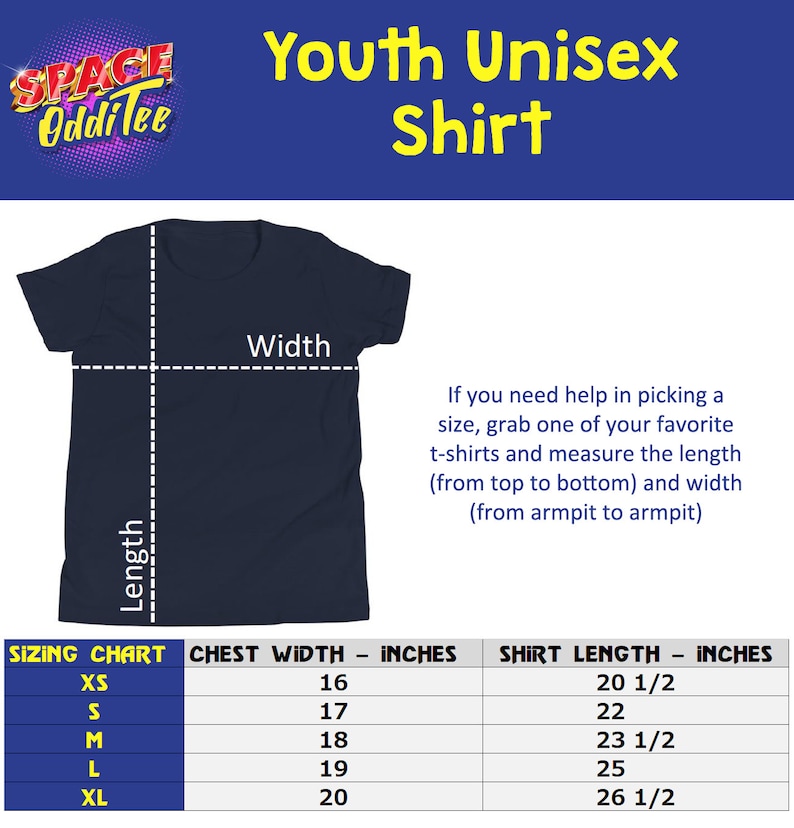 May include: Sizing chart for a youth unisex shirt. The chart shows the chest width and shirt length in inches for sizes XS, S, M, L, and XL.