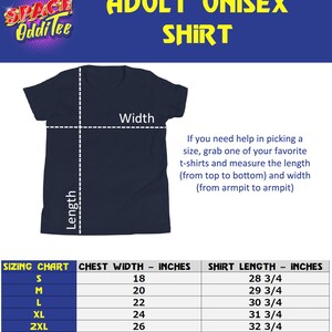 May include: A sizing chart for unisex shirts, showing chest width and shirt length in inches. The chart includes sizes from small to 3XL.