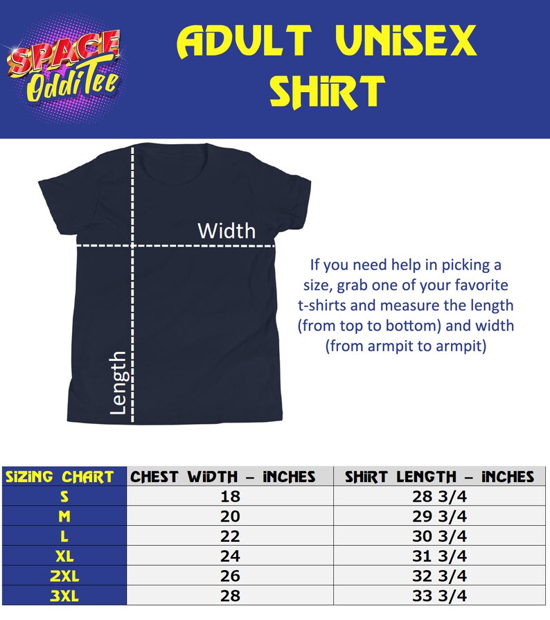 May include: A sizing chart for unisex shirts, showing chest width and shirt length in inches. The chart includes sizes from small to 3XL.
