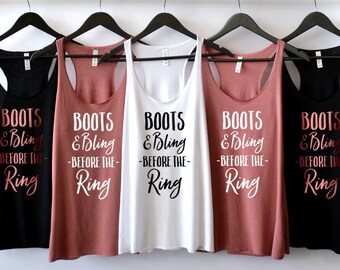 Camisetas sin mangas con el lema "Boots And Bling Before the Ring", camiseta de dama de honor, camisetas para despedida de soltera en Nashville, fiesta nupcial, boda campestre, camiseta de dama de honor