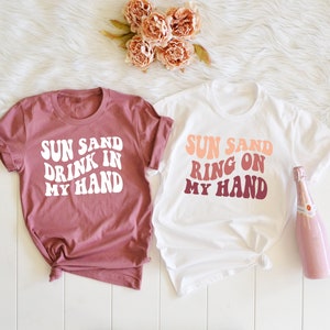 Sun Sand Drink In My Hand, Ring On My Hand, Wavy Retro Bachelorette Party Shirts, Beach Bachelorette Tshirt, Retro Peach Shirt, Beach Bridal