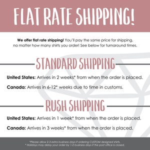 May include: A graphic with the text "FLAT RATE SHIPPING!" and information about standard and rush shipping times for orders to the United States and Canada. The text includes the phrase "We offer flat rate shipping! You'll pay the same price for shipping, no matter how many shirts you order! See below for turnaround times."