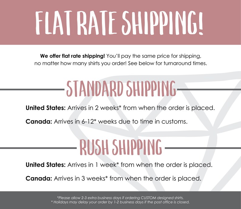 May include: A graphic with the text "FLAT RATE SHIPPING!" and information about standard and rush shipping times for orders to the United States and Canada. The text includes the phrase "We offer flat rate shipping! You'll pay the same price for shipping, no matter how many shirts you order! See below for turnaround times."