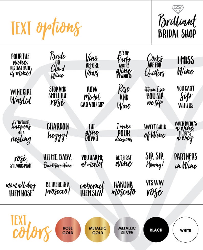 Puede incluir: Una hoja de dise&ntilde;o gr&aacute;fico con opciones de texto para etiquetas de vino. Las opciones de texto incluyen frases como "&iexcl;Sirve el vino, su apellido es m&iacute;o!" y "Chica del vino desperdiciada". Las opciones de texto se muestran en negro sobre fondo blanco. La hoja tambi&eacute;n incluye una paleta de colores con opciones para oro rosa, oro met&aacute;lico, plata met&aacute;lica, negro y blanco.