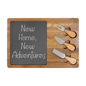 Charcuterie Board: Acacia Wood, Engraved Slate, Customizable Text, Cheese Tools or plain