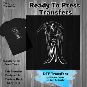 Grim Reaper Design Transfer, DIY, Dark Garments, Ready to Press, DTF Transfer, Easy to Apply, Vibrant Colors, Design Transfer