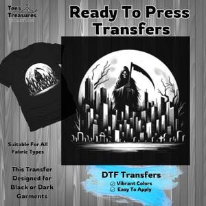 Grim Reaper Design Transfer, Dark Garment DIY, Cityscape Iron On, Halloween Transfer, Ready to Press Transfer, Do It Yourself Transfer