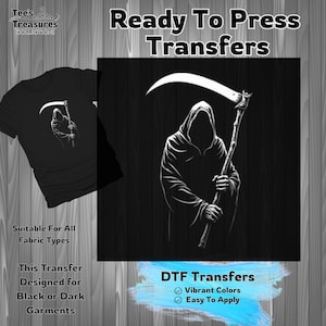 Grim Reaper Design Transfer, DIY Heat Transfer, Ready to Press Transfer, Dark Garment Transfer, DTF Transfer for do it yourselfers