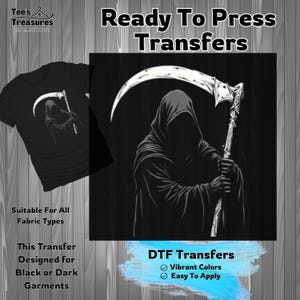 Grim Reaper Design Transfer, DIY Shirt Iron On, Dark Garment Transfer, Halloween DIY, Goth Art, Ready to Press Transfer, Grim Reaper Art