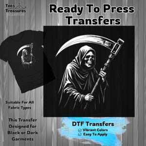 Grim Reaper Design Transfer, DIY Dark Garment, Ready To Press, DTF Transfer, Vibrant Colors, Easy Application for Do It Yourselfer