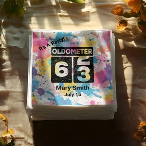 Servilletas Oldometer para 63 cumpleaños, servilletas personalizadas para fiestas, servilletas de celebración personalizadas, servilletas coloridas para cumpleaños, servilletas para hitos de edad