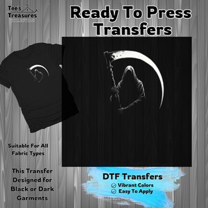 Grim Reaper Design Transfer, Ready to Press, DTF Transfer for Dark Garments, DIY Apparel, Easy Application, Vibrant Colors
