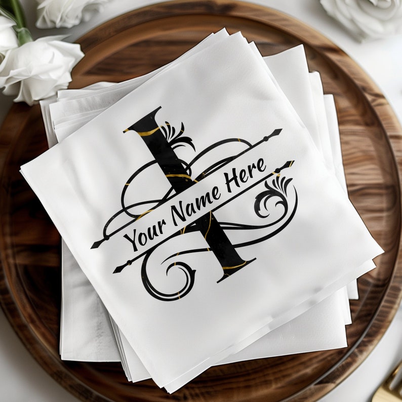 I Elegant Blackgold Monogram Beverage Napkins, Personalized Custom