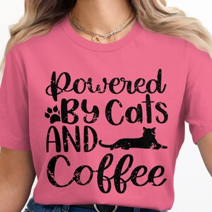 Powered by Cats and Coffee T-Shirt, Funny Cat Lover Shirt, Coffee Lovers Tee, Cute Pet and Coffee Shirt, Casual Wear Grunge