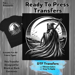 Grim Reaper DTF Transfer, Ready To Press, Design Transfer for Dark Fabrics, DIY Shirt Iron On, Heat Transfer Vinyl, Easy To Use