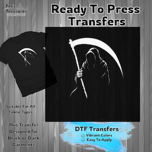 Grim Reaper Design Transfer, Ready to Press, DIY Iron On, Dark Garments, DTF Transfer, Vibrant Colors, Easy to Apply, Halloween Design