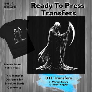 Reaper Design Transfer, DIY Iron On, Grim Reaper Graphic, Dark Garment Design, Ready to Press Transfers, DTF Transfer for DIYers