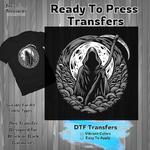 Grim Reaper Design Transfer, Ready to Press, DIY Dark Garment, DTF Transfer, Graphic Design, Vibrant Colors, Easy Apply, Do it Yourselfer