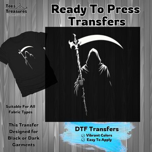 Grim Reaper Design Transfer, Dark Garment Transfer, DIY Shirt Iron On, Ready to Press Transfer, Gothic Image, Skull Design, Easy to Use