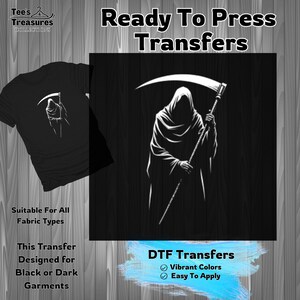 Grim Reaper Design Transfer, DIY Heat Press Transfer, Dark Garment Transfer, Ready to Press, Vibrant Colors, Easy to Apply, DTF Transfer