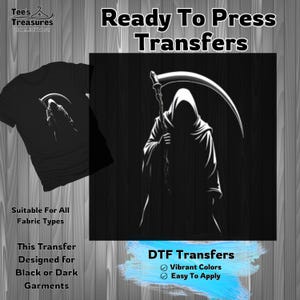Grim Reaper Design Transfer, DIY Apparel, Halloween Transfers, Ready to Press, Dark Garment Transfers, DTF Transfer, Iron On Transfer