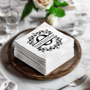 Customized O Black and White Floral Wreath Monogram Napkins, Elegant Party Supplies, Cocktail and Luncheon Sizes Available, Personalized