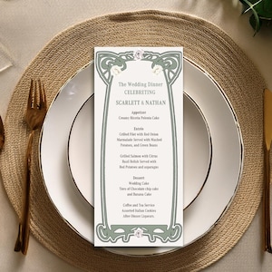 Plantilla de menú Art Nouveau, Plantilla de menú de boda romántica, Plantilla de menú, Menú de boda imprimible, Menú Art Nouveau, Menú de flores, VW11