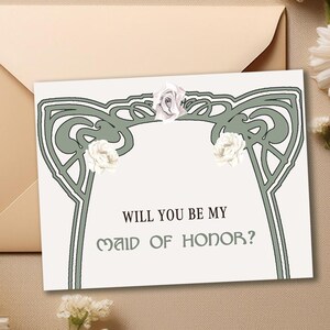Bridesmaid Art Nouveau Proposal Card, Will You Be My Bridesmaid Card Template, Will You Be My Maid of Honor Card, Art Nouveau Romantic, VW11