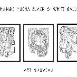May include: Three black and white illustrations of women in Art Nouveau style. The first illustration is titled "Chansons D'Aujules" and features a woman with flowing hair and a dress. The second illustration features a woman with a crown of flowers and the text "La Belle Epoque". The third illustration features a woman with long hair and the text "Salon de la Plume".