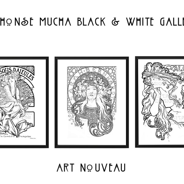 Mucha Illustrations black and white, Chansons d'Aieules, Sarah Bernhardt, Salon des Cent, Art Nouveau Coloring Pages, Mucha Posters Set