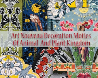 80 Art Nouveau PNGs, Art Nouveau Patterns, Art Nouveau Flowers, Art Nouveau Birds, Junk Journal Digital, Collage, Art Nouveau Floral, Print