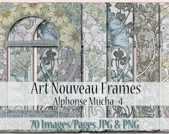 Mucha 70 Art Nouveau Floral Frames, 10 Alphonse Mucha Frames, Mucha Botanical, Bookpage, Junk Journal, Collage, Scrapbooking, Mucha Frame 4