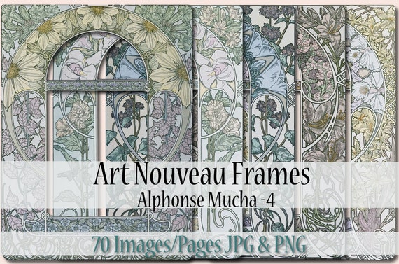Mucha 70 Art Nouveau Floral Frames, 10 Alphonse Mucha Frames, Mucha Botanical, Bookpage, Junk Journal, Collage, Scrapbooking, Mucha Frame 4