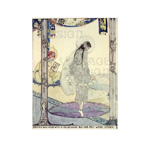 Su rostro estaba velado pero sus pies estaban desnudos, Jessie M. King, Ilustración Art Nouveau, Ilustración de estilo de la Escuela de Glasgow, Impresión Art Nouveau