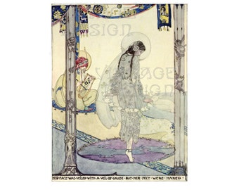 Her Face was Veiled but Her Feet were Naked, Jessie M. King, Art Nouveau Illustration, Glasgow School Style Illustration, Art Nouveau Print
