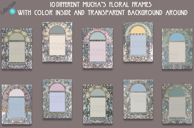 Op de afbeelding: Tien verschillende bloemframes ge&iuml;nspireerd door de Art Nouveau-stijl van Alphonse Mucha. Elk frame heeft een uniek bloemendesign met een gekleurde achtergrond en een transparante rand.