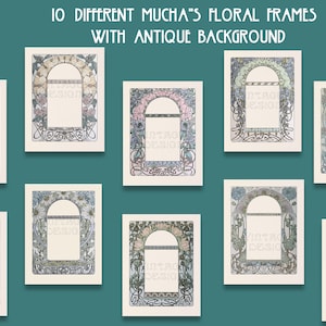Op de afbeelding: Tien verschillende bloemframes ge&iuml;nspireerd door de Art Nouveau-stijl van Alphonse Mucha. Elk frame heeft een uniek bloemendesign met een antieke achtergrond. De frames zijn perfect om een ​​toets van vintage elegantie aan uw projecten toe te voegen.