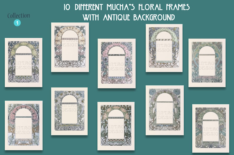 Op de afbeelding: Tien verschillende bloemframes ge&iuml;nspireerd door de Art Nouveau-stijl van Alphonse Mucha. Elk frame heeft een uniek bloemendesign met een antieke achtergrond. De frames zijn perfect om een ​​toets van vintage elegantie aan uw projecten toe te voegen.