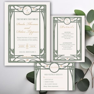 Art Nouveau Wedding Invitation Template, Romantic Wedding, Art Nouveau Wedding Set, Wedding Suite, Invitation Card, RSVP, Details Card, VW12