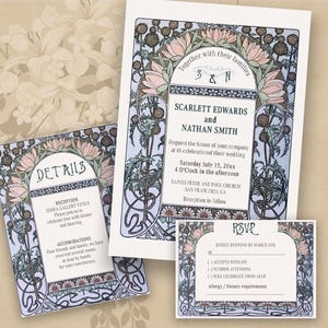 Art Nouveau Wedding Invitation Set, Vintage Wedding Invitation Template, Art Nouveau Mucha, Printable Wedding Invitation Pink Flowers, VW2