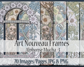 Mucha 70 Art Nouveau Floral Frames, 10 Alphonse Mucha Frames, Mucha Botanical, Bookpage, Junk Journal, Collage, Scrapbooking, Mucha Frame 3