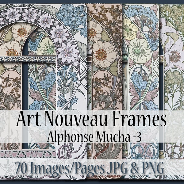 Mucha 70 Art Nouveau Floral Frames, 10 Alphonse Mucha Frames, Mucha Botanical, Bookpage, Junk Journal, Collage, Scrapbooking, Mucha Frame 3